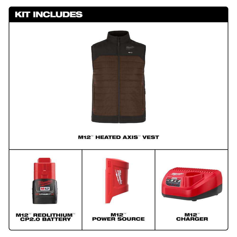 Milwaukee Men's Large M12 12V Lithium-Ion Cordless AXIS Brown Heated Vest Kit with (1) 2.0 Ah Battery and Charger