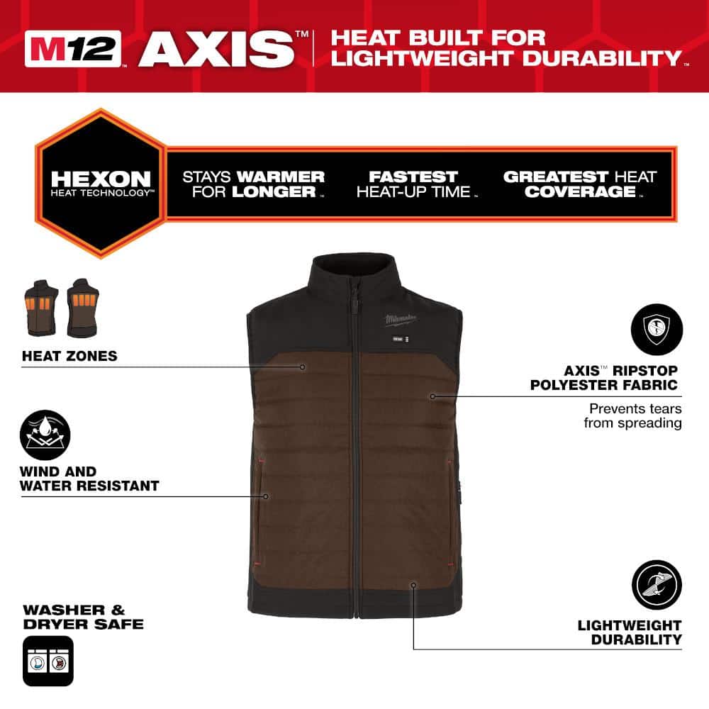 Milwaukee Men's X-Large M12 12V Lithium-Ion Cordless AXIS Brown Heated Vest Kit with (1) 2.0 Ah Battery and Charger