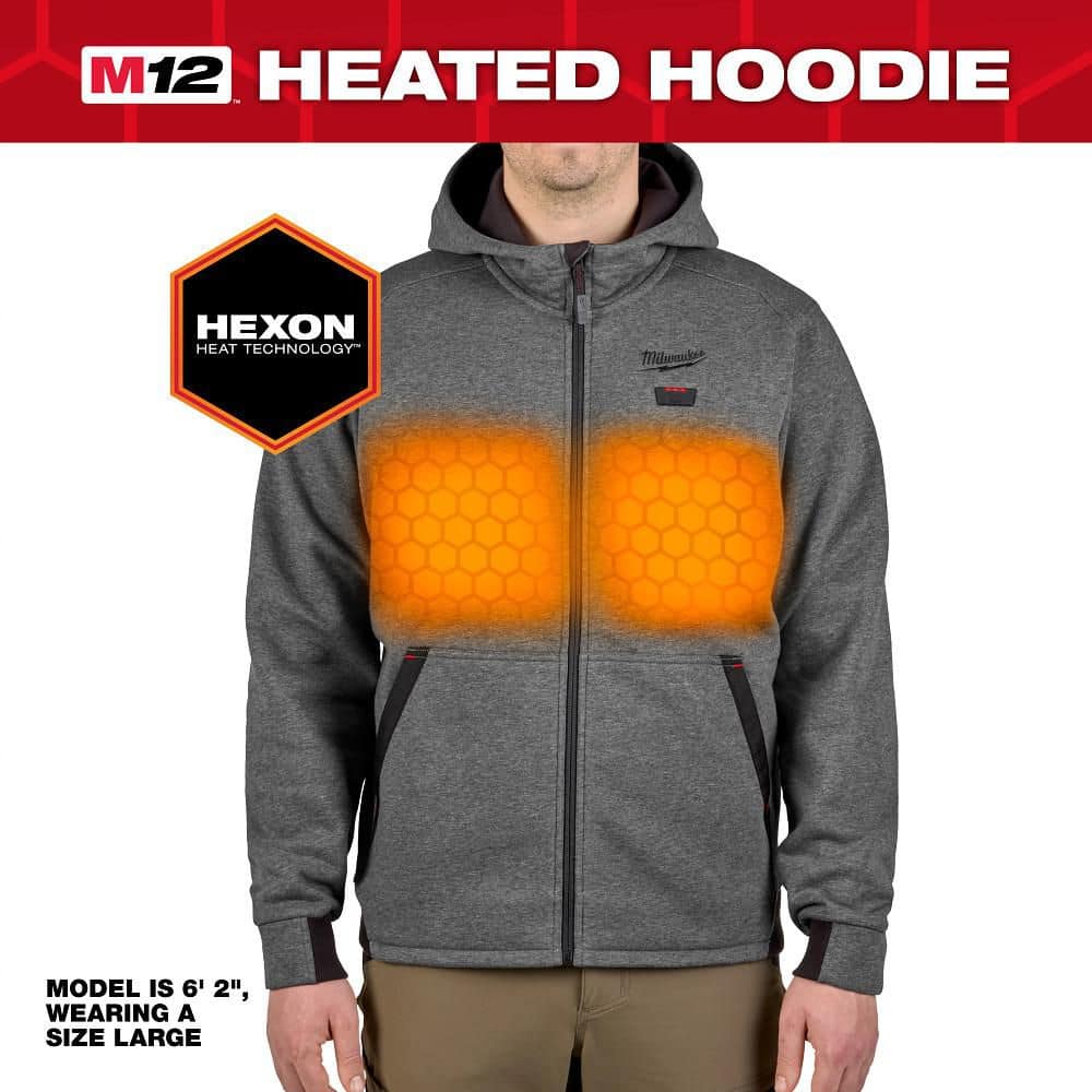 Milwaukee M12 Men’s Heated Hoodie, Gray – Medium, 12‑Volt Cordless (Jacket & Battery Holder Only)