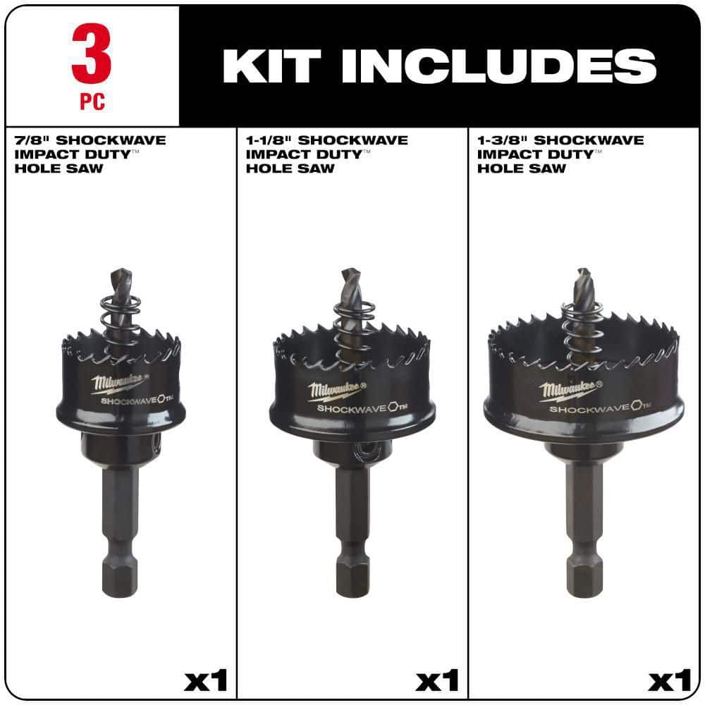 Milwaukee SHOCKWAVE Thin Wall Hole Saw Kit, High Speed Steel, 3-Piece (7/8 in., 1-1/8 in., 1-3/8 in.)