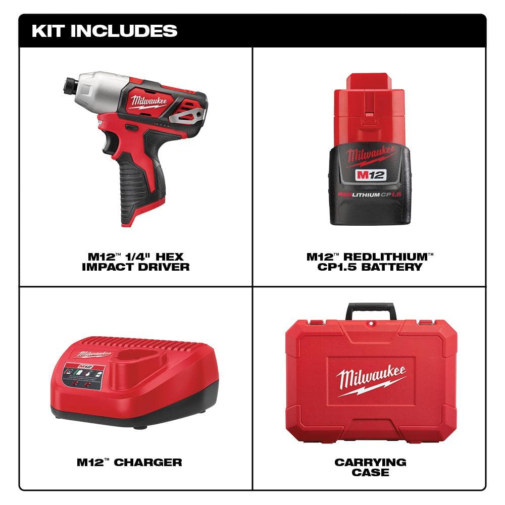 Milwaukee M12 12V Lithium-Ion Cordless 1/4 in. Hex No-Hub Driver Kit with (2) 1.5Ah Batteries & Hard Case