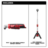 Milwaukee M12 12V Lithium-Ion Cordless 1/4 in. Right Angle Hex Impact Driver with M12 1400-Lumen ROCKET LED Stand Work Light, Tool-Only