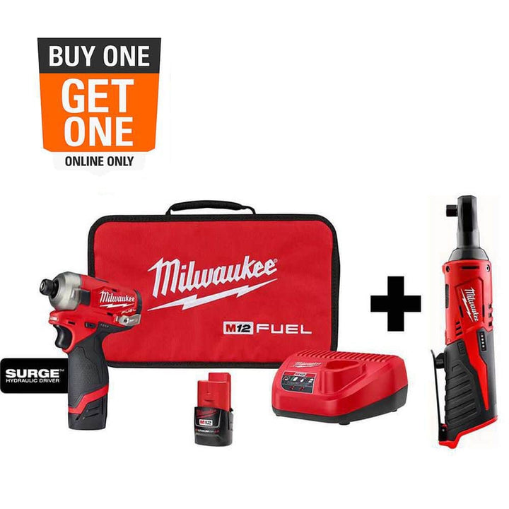 Milwaukee M12 FUEL SURGE 12V Lithium‑Ion Brushless Cordless 1/4 in. Hex Impact Driver Compact Kit with M12 3/8 in. Ratchet