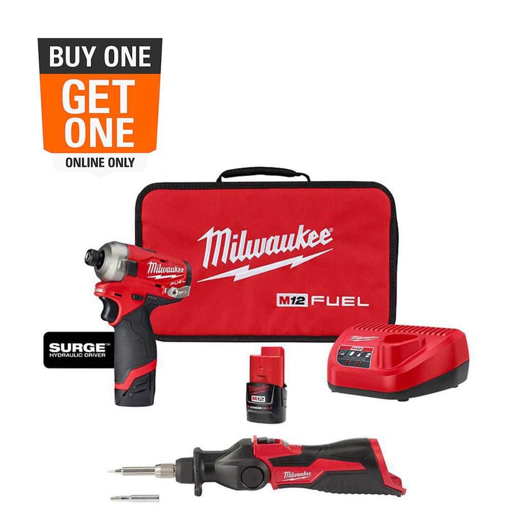 Milwaukee M12 FUEL SURGE 12-Volt Lithium-Ion 1/4 in. Cordless Hex Impact Driver Compact Kit with M12 Soldering Iron