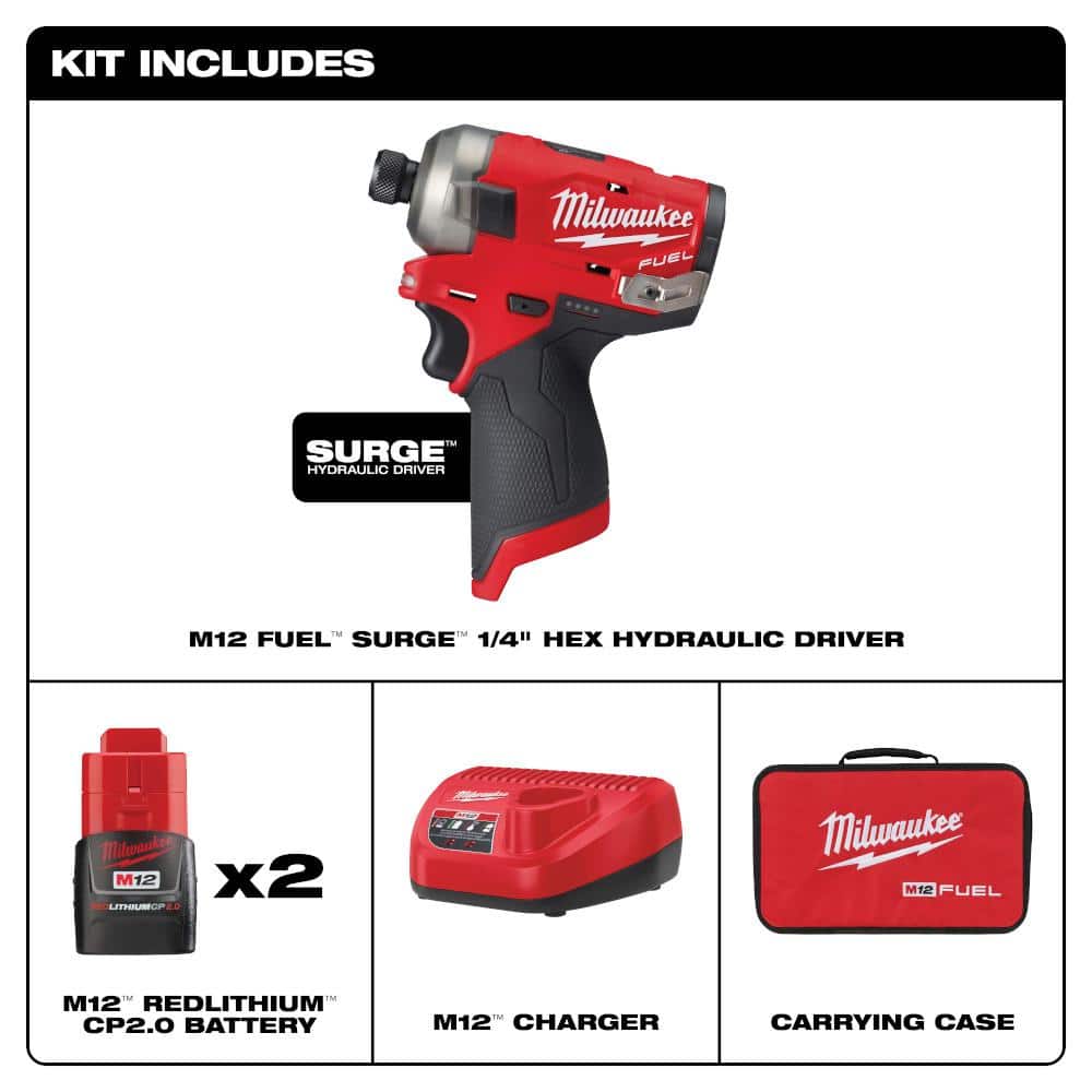 Milwaukee M12 FUEL SURGE 12-Volt Brushless 1/4 in. Hex Hydraulic Impact Driver Compact Kit with Free M12 Rotary Tool