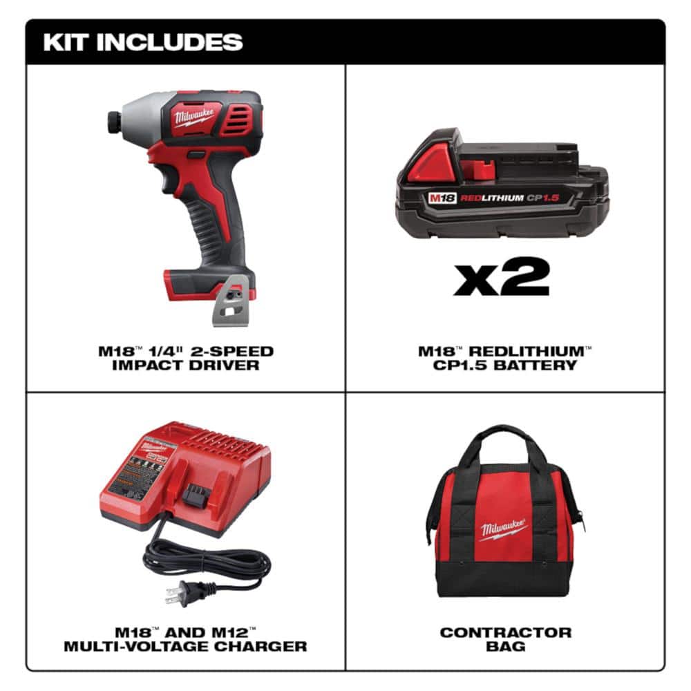 Milwaukee M18 18-Volt Lithium-Ion Cordless 1/4 in. Impact Driver Kit with (2) 1.5Ah Batteries, Charger, Hard Case