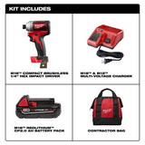 Milwaukee M18 18-Volt Compact Brushless Cordless 1/4 in. Impact Driver Kit with SHOCKWAVE 45‑Piece Bit Set