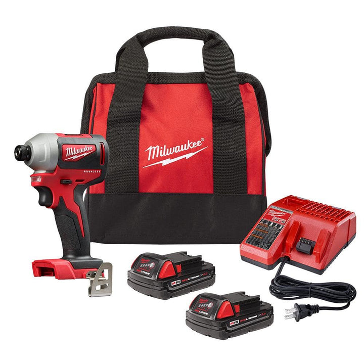 Milwaukee M18 18V Brushless Cordless 1/4 in. Hex Impact Driver Kit with (2) 2.0Ah Batteries, Charger & Case