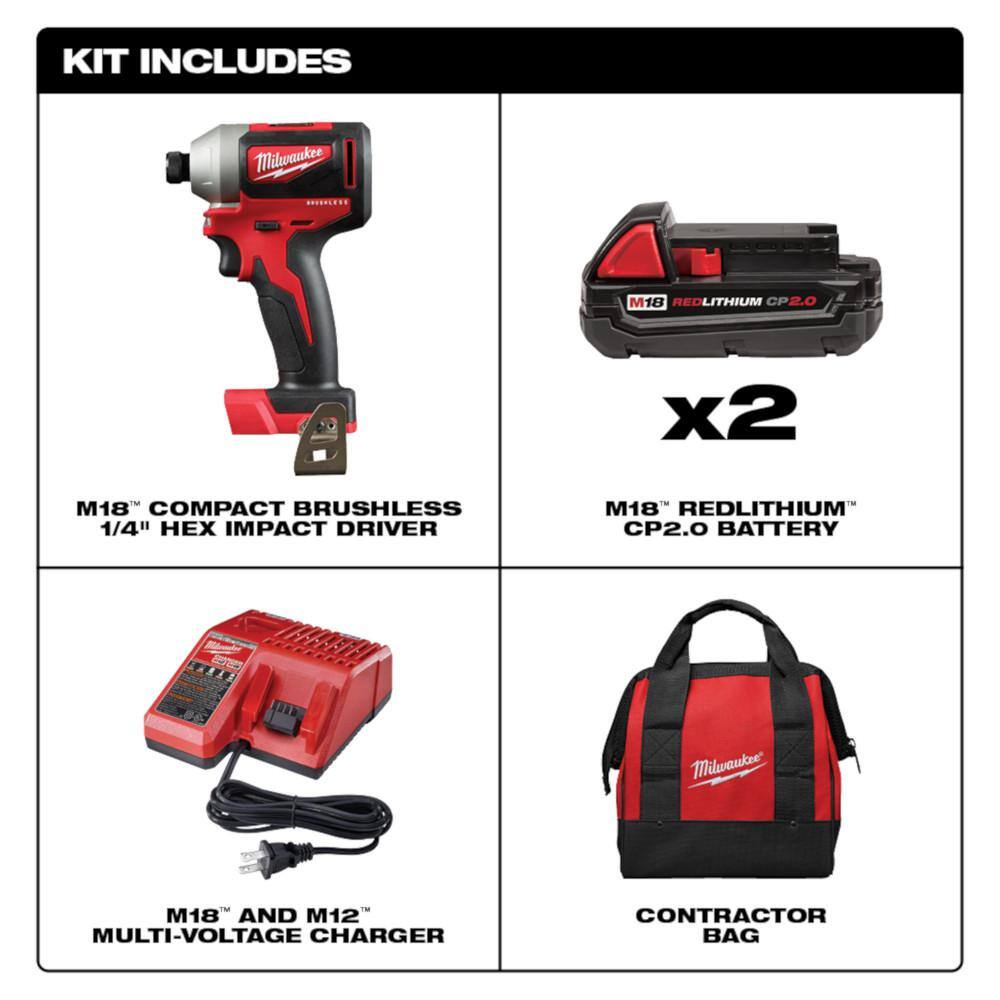 Milwaukee M18 18V Brushless Cordless 1/4 in. Hex Impact Driver Kit with (2) 2.0Ah Batteries, Charger & Case
