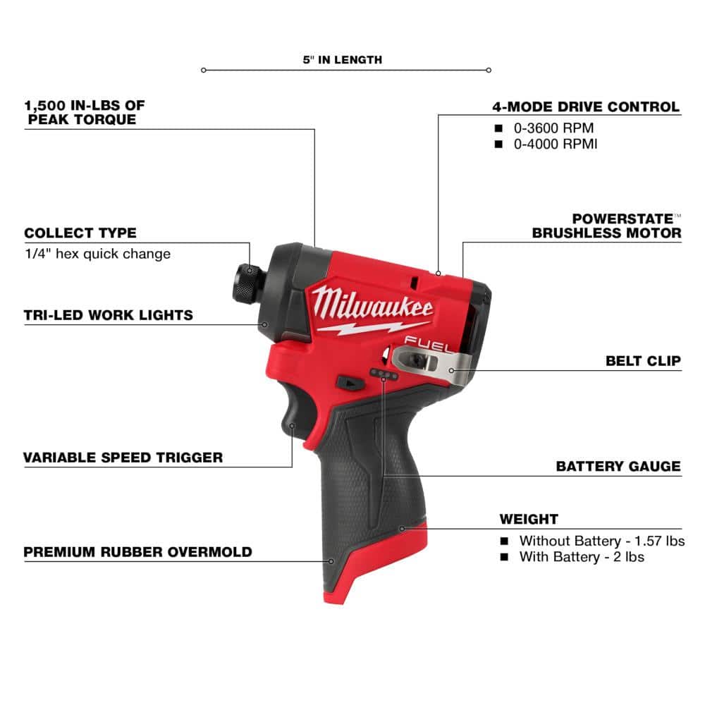 Milwaukee M12 FUEL 12-Volt Brushless Cordless 1/4 in. Hex Impact Driver Kit with SHOCKWAVE 45-Piece Driver Bit Set