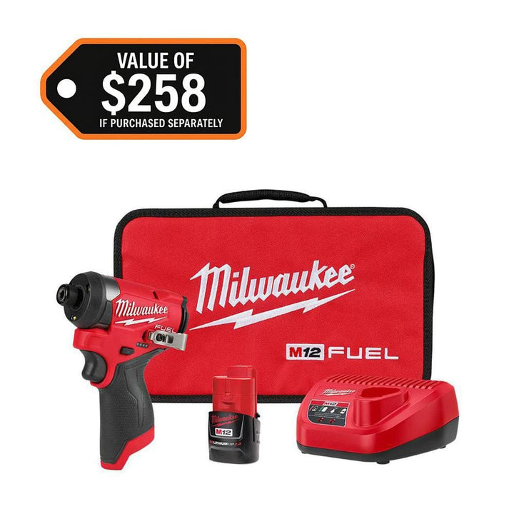 Milwaukee M12 FUEL 12-Volt Brushless Cordless 1/4 in. Hex Impact Driver Kit with SHOCKWAVE 45-Piece Driver Bit Set