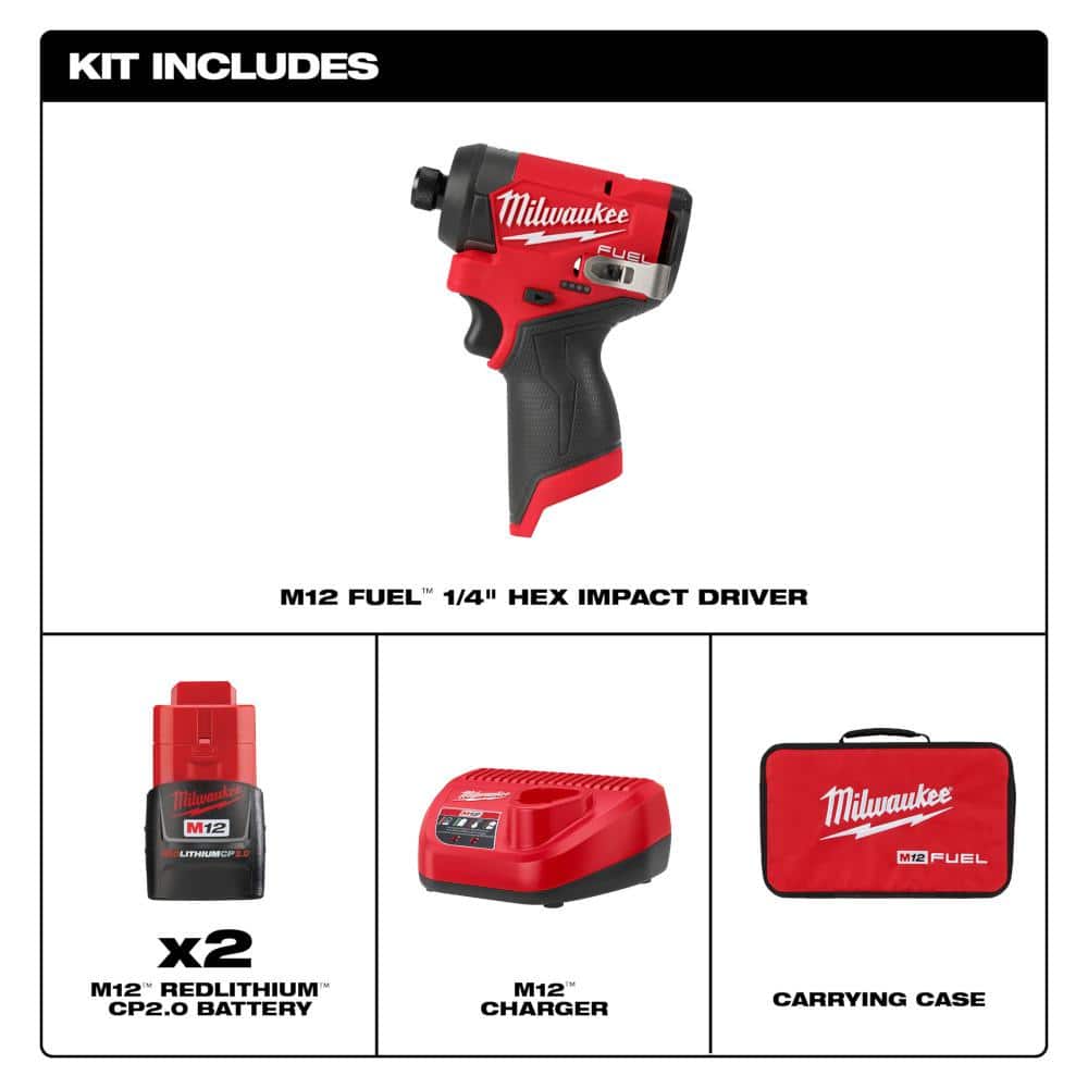 Milwaukee M12 FUEL 12-Volt Lithium-Ion Brushless Cordless 1/4 in. Hex Impact Driver Kit with 2.0Ah Battery, Charger and Bag