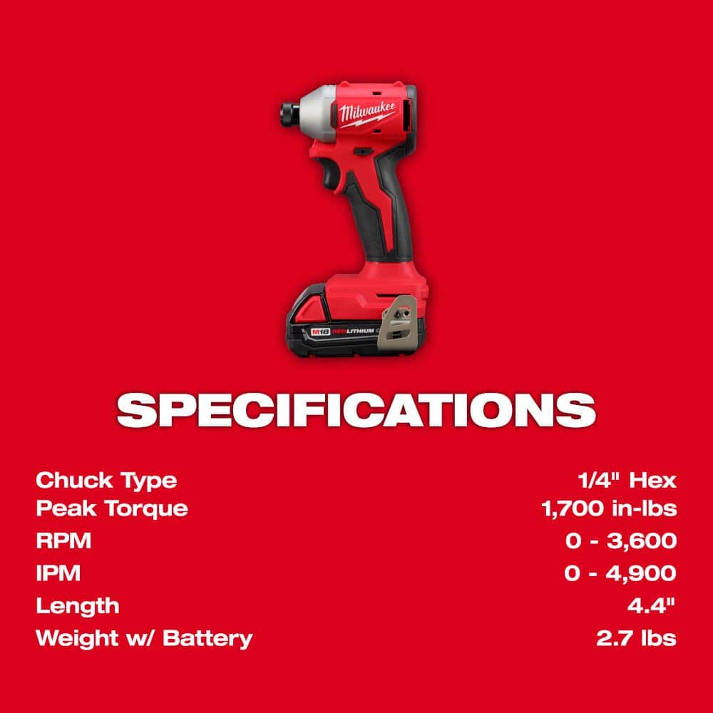 Milwaukee M18 18V Lithium-Ion Compact Brushless Cordless Impact Driver Kit with One 2.0Ah Battery, Charger & 25-Piece Bit Set
