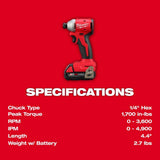 Milwaukee M18 18V Compact Brushless Cordless 1/4 in. Impact Driver Combo Kit with REDLITHIUM CP2.0 Battery, Charger, Bag & SHOCKWAVE Bit Set (3650-21P-48-32-4082)