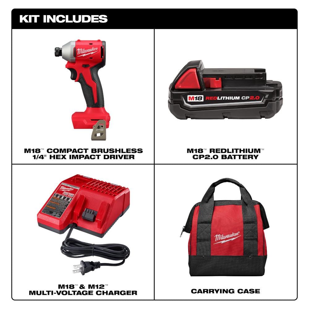 Milwaukee M18 18V Compact Brushless Cordless 1/4 in. Impact Driver Combo Kit with REDLITHIUM CP2.0 Battery, Charger, Bag & SHOCKWAVE Bit Set (3650-21P-48-32-4082)