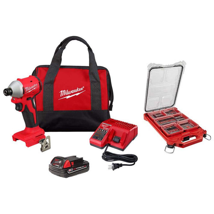 Milwaukee M18 18-Volt Lithium-Ion Compact Brushless Cordless Impact Driver Kit with 2.0Ah Battery, Charger & 120-Piece Bit Set