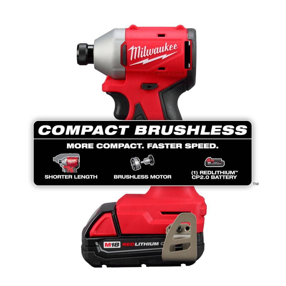 Milwaukee M18 18-Volt Lithium-Ion Compact Brushless Cordless Impact Driver Kit with 2.0Ah Battery, Charger & 120-Piece Bit Set
