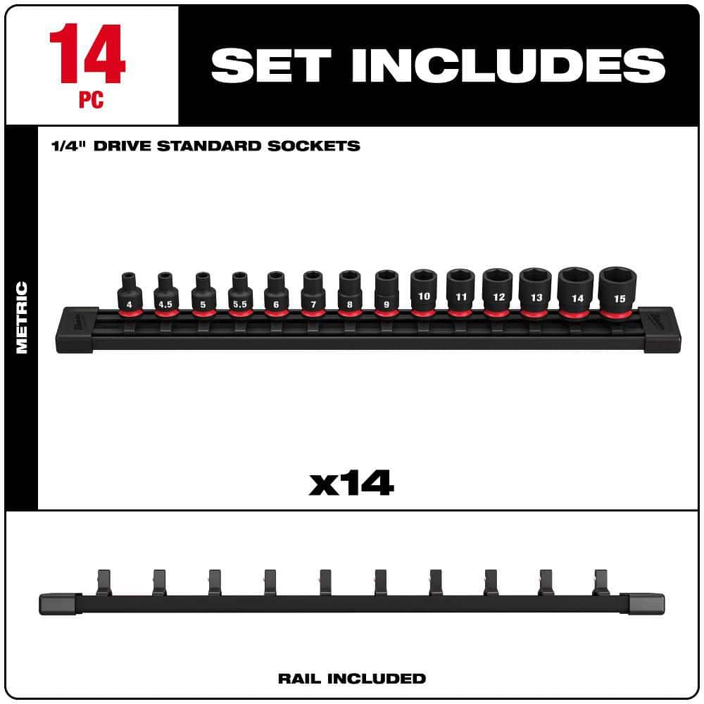 Milwaukee SHOCKWAVE 1/4 in. Drive Metric 6-Point Impact Socket Set (14-Piece)