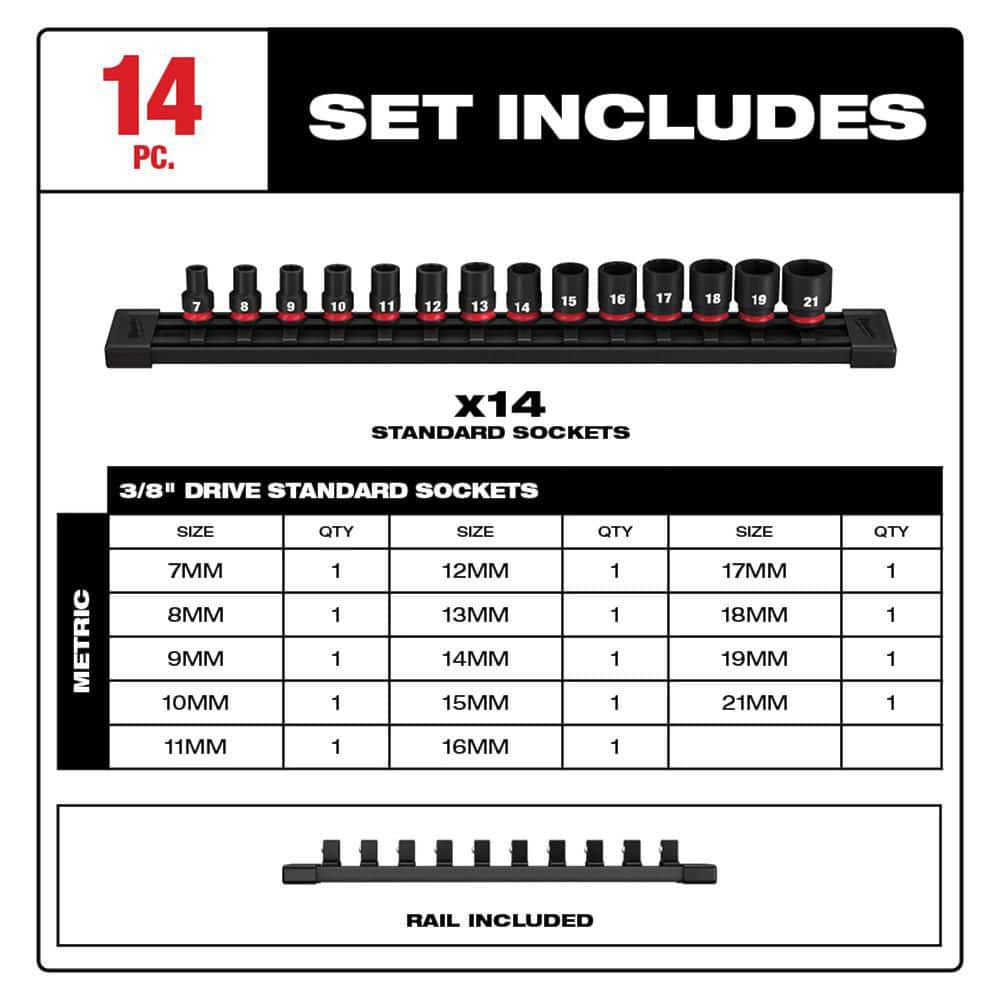 Milwaukee SHOCKWAVE 3/8 in. Drive Metric 6-Point Impact Socket Set (14-Piece)