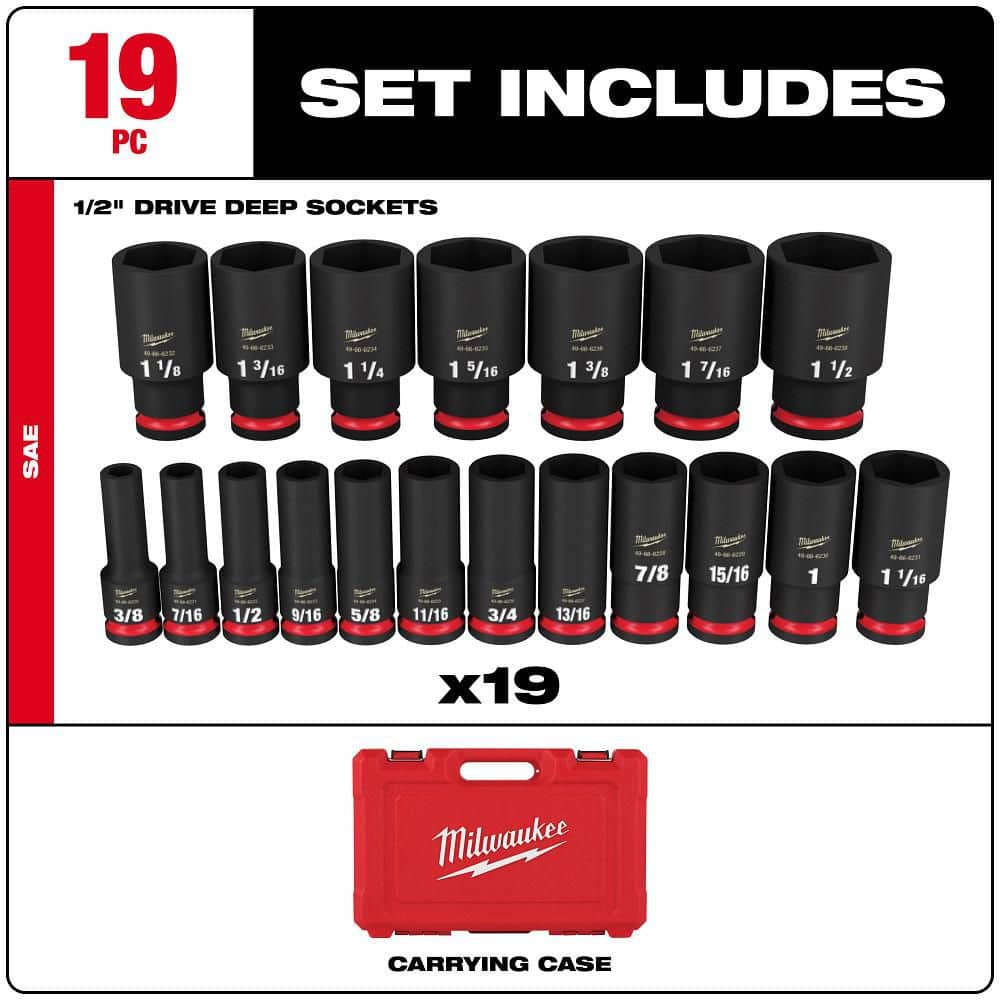 Milwaukee SHOCKWAVE 1/2 in. Drive SAE 6-Point Deep Impact Socket Set (19-Piece)
