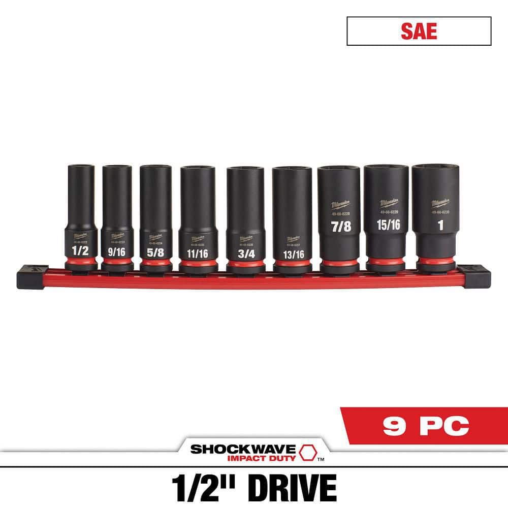 Milwaukee SHOCKWAVE 1/2 in. Drive SAE Deep Well Impact Socket Set, 6-Point (9-Piece)