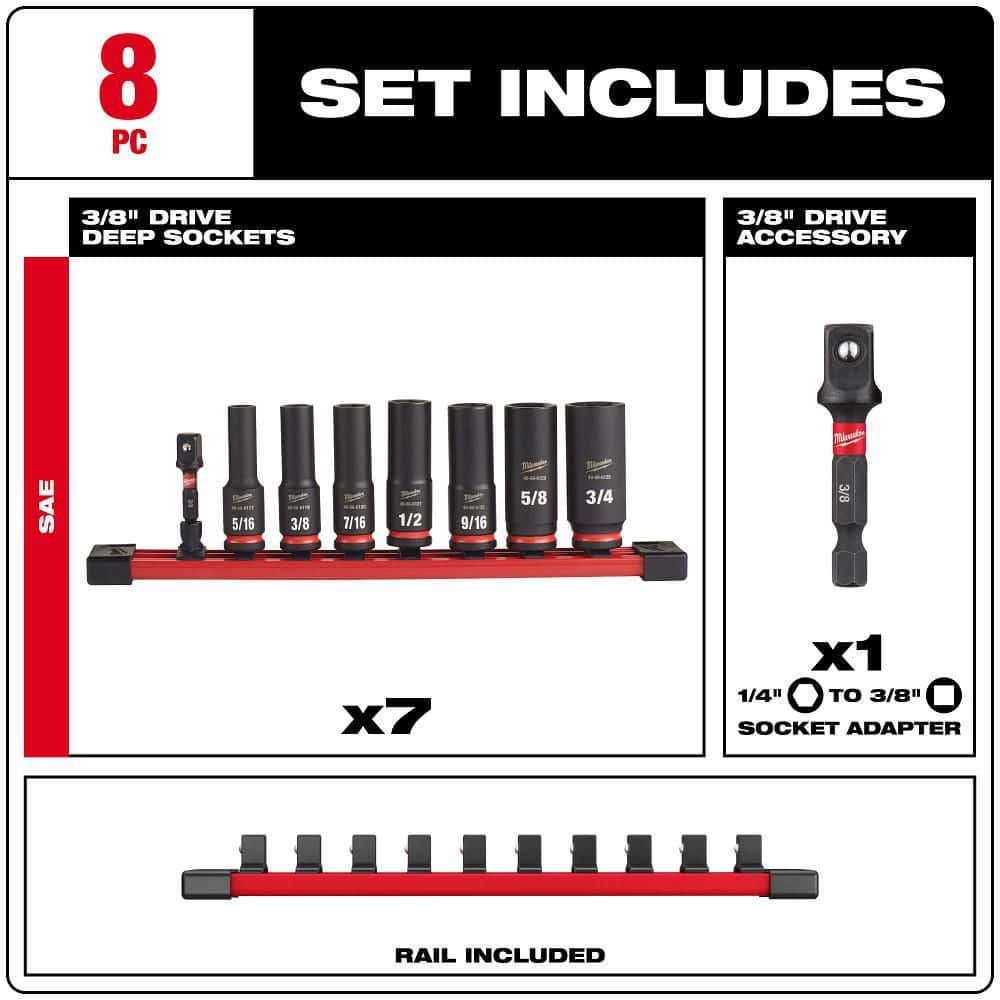 Milwaukee SHOCKWAVE Impact Duty 3/8 in. Drive SAE Deep Well Socket Set (8-Piece)