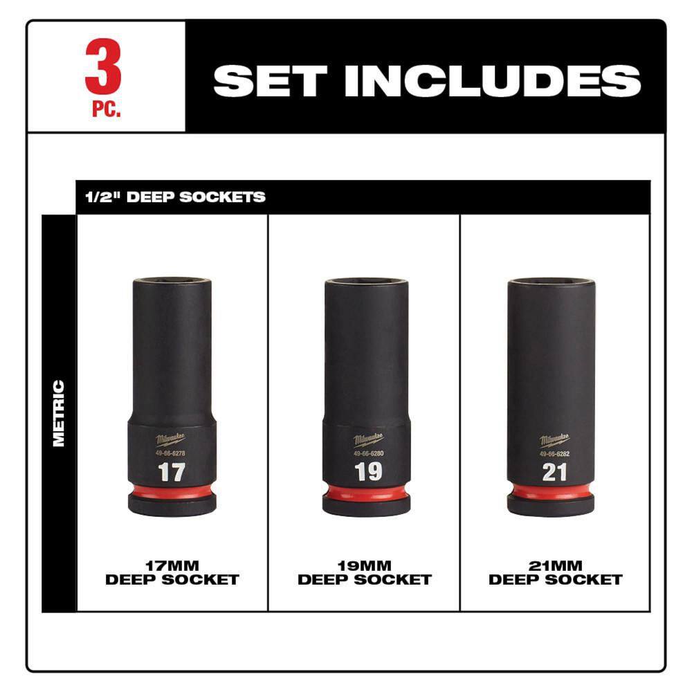 Milwaukee SHOCKWAVE Impact Duty 1/2 in. Drive Deep Well Socket Set, Metric 17mm/19mm/21mm (3-Pack)