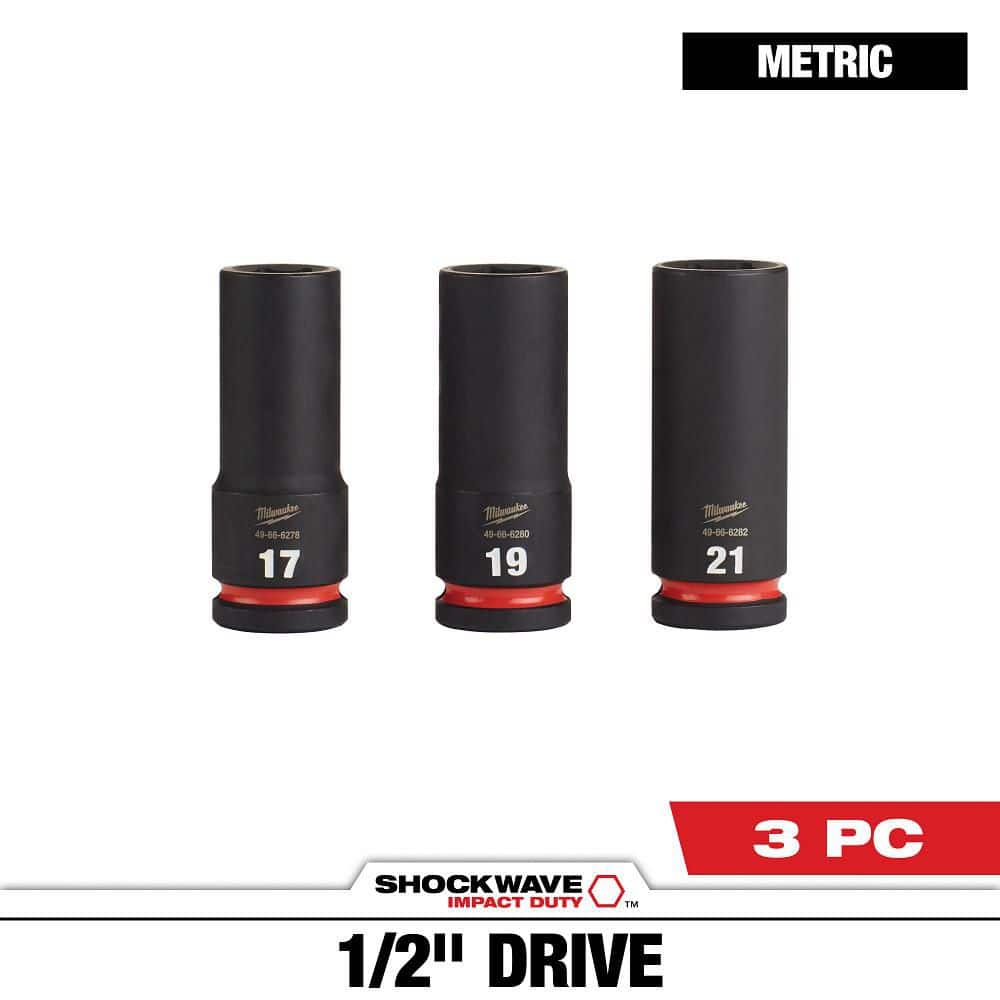 Milwaukee SHOCKWAVE Impact Duty 1/2 in. Drive Deep Well Socket Set, Metric 17mm/19mm/21mm (3-Pack)