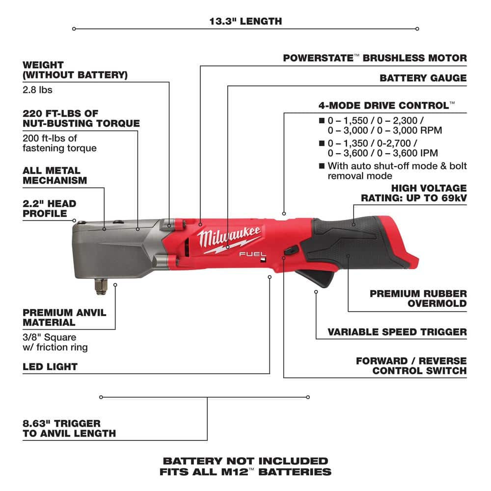 Milwaukee M12 FUEL 12V Lithium‑Ion Brushless Cordless 3/8 in. & 1/2 in. Right Angle Impact Wrenches Set (2‑Tool)