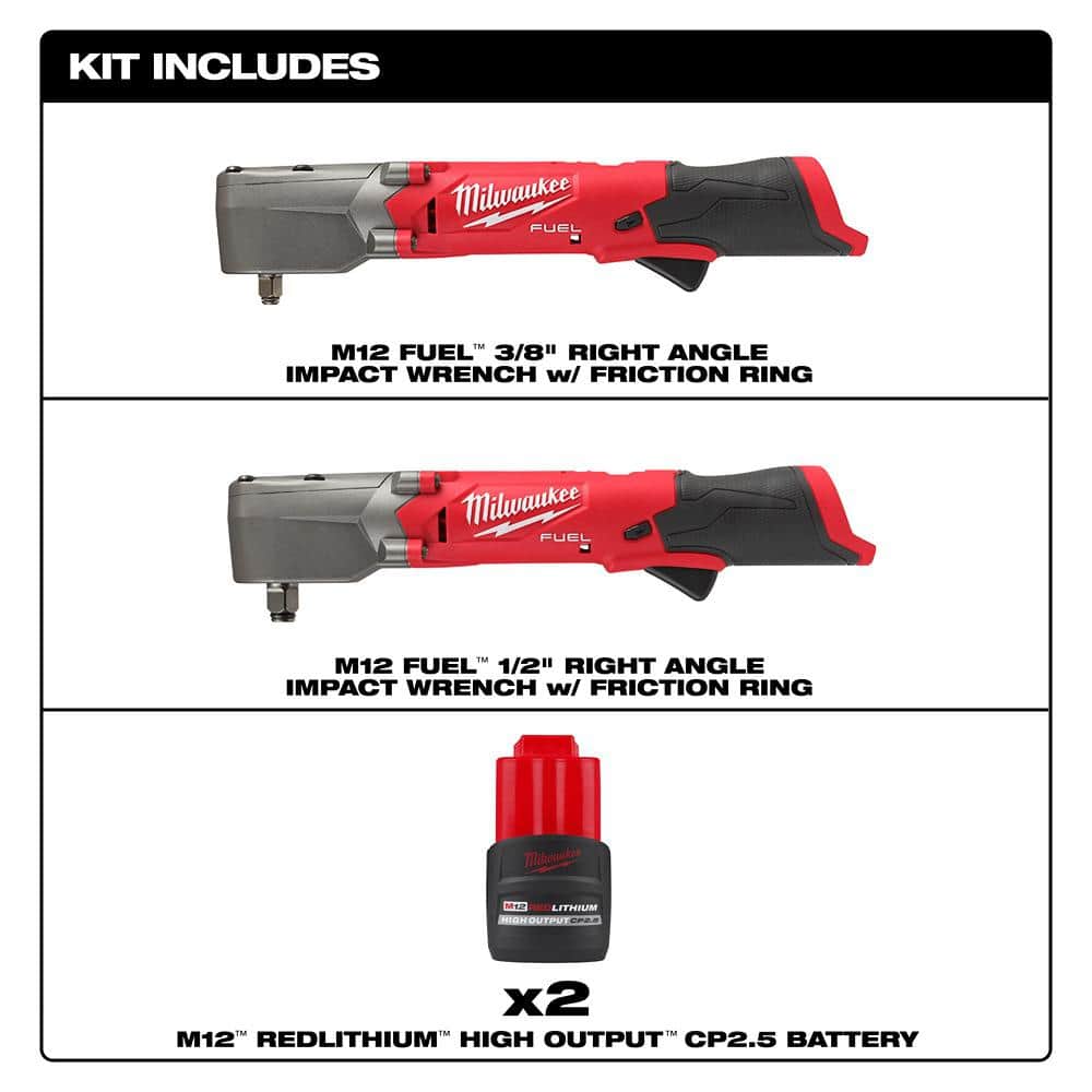 Milwaukee M12 FUEL 12V Lithium‑Ion Brushless Cordless 3/8 in. & 1/2 in. Right Angle Impact Wrenches Set (2‑Tool)