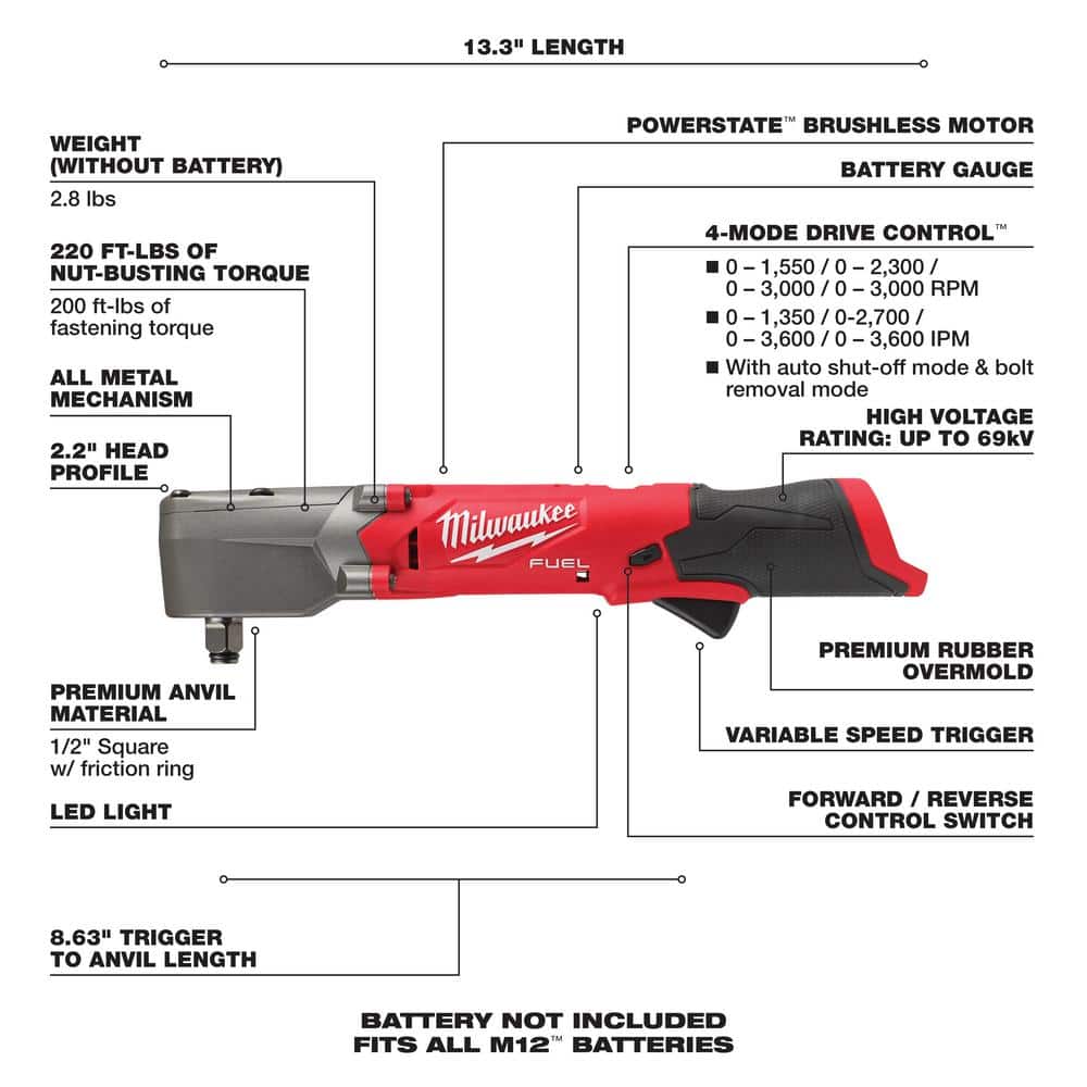Milwaukee M12 FUEL 12V Lithium‑Ion Brushless Cordless 1/2 in. Right Angle Impact Wrench with 1.5 Ah Battery Pack (2-Pack)