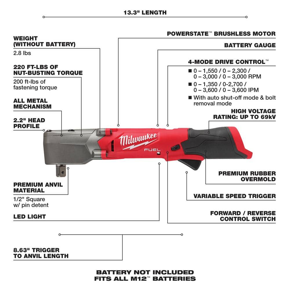 Milwaukee M12 FUEL 12V Lithium-Ion Brushless Cordless 1/2 in. Right Angle Impact Wrench with M12 Rocket Stand Light