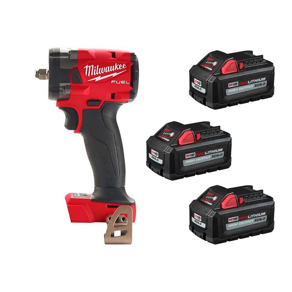 Milwaukee M18 FUEL 18V Brushless 3/8 in. Compact Impact Wrench with Friction Ring + (3) M18 REDLITHIUM High Output XC6.0 Batteries