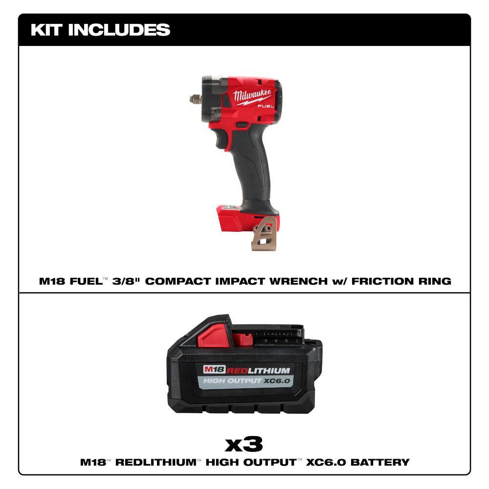 Milwaukee M18 FUEL 18V Brushless 3/8 in. Compact Impact Wrench with Friction Ring + (3) M18 REDLITHIUM High Output XC6.0 Batteries