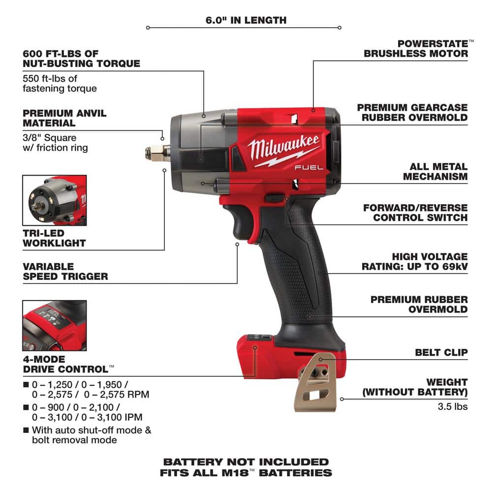 Milwaukee M18 FUEL GEN-2 18V Lithium-Ion Mid-Torque Brushless Cordless 3/8 in. Impact Wrench with Friction Ring (Tool-Only)