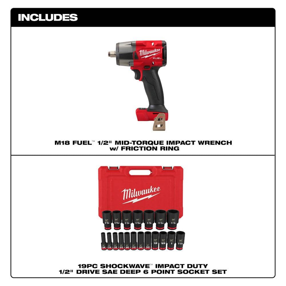 Milwaukee M18 FUEL Gen-2 18V Li‑Ion Brushless Cordless Mid‑Torque 1/2 in. Impact Wrench with Friction Ring + SAE Deep Socket Set, 19‑Piece