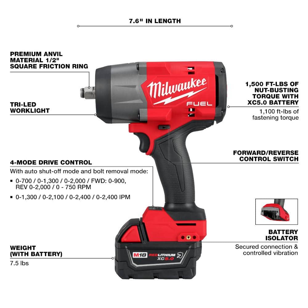 Milwaukee M18 FUEL 18V Brushless Cordless 1/2 in. Impact Wrench Kit w/ Friction Ring + Protective Boot