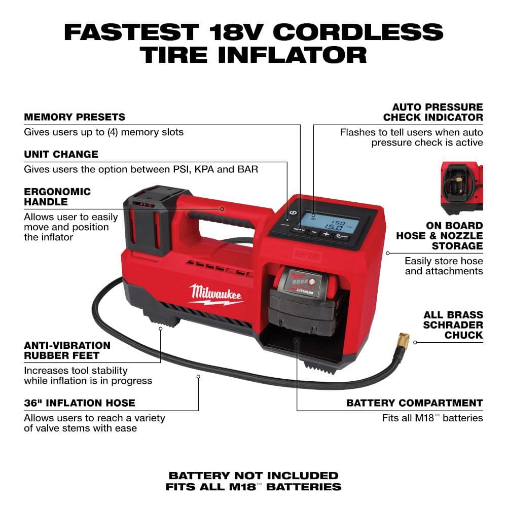 Milwaukee M18 18-Volt Lithium-Ion Cordless Portable Tire Inflator, 150 PSI (Tool-Only), 13.8 x 6.4 x 7.8 in