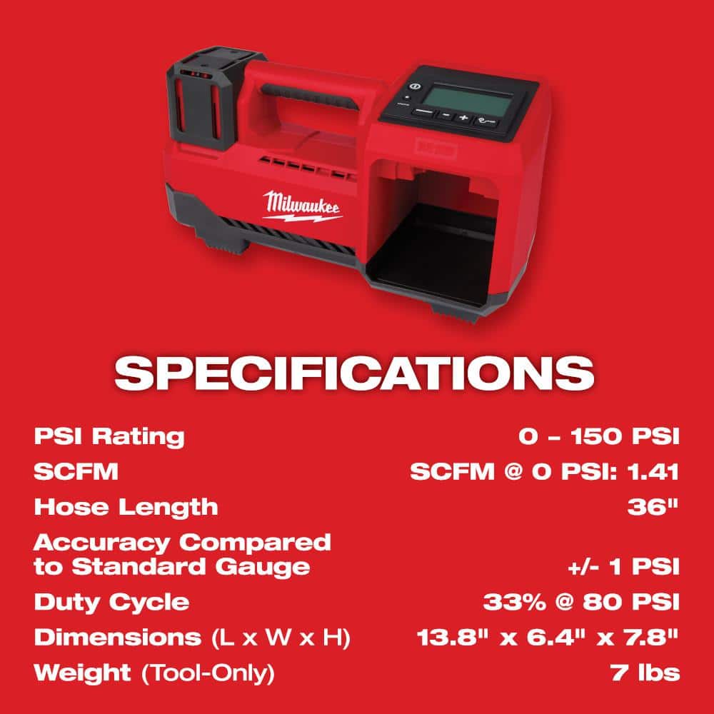Milwaukee M18 18-Volt Lithium-Ion Cordless Portable Tire Inflator, 150 PSI (Tool-Only), 13.8 x 6.4 x 7.8 in