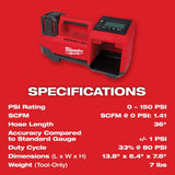 Milwaukee M18 18-Volt Lithium-Ion Cordless Portable Tire Inflator, 150 PSI (Tool-Only), 13.8 x 6.4 x 7.8 in