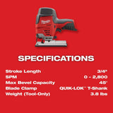Milwaukee M12 12-Volt Lithium-Ion Cordless Jig Saw, Hybrid Grip (Tool-Only), 3/4 in. Stroke