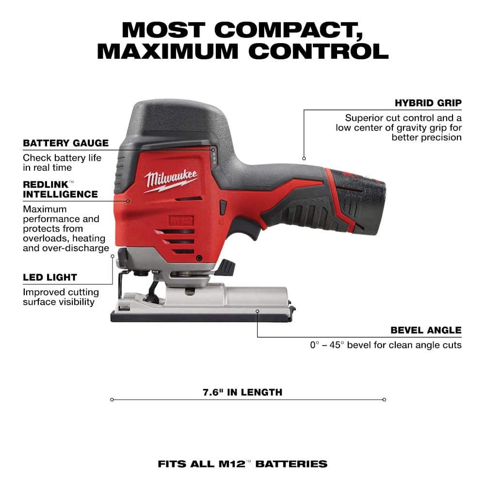 Milwaukee M12 12-Volt Lithium-Ion Cordless Jig Saw Kit with 1.5Ah Battery, Charger & Tool Bag