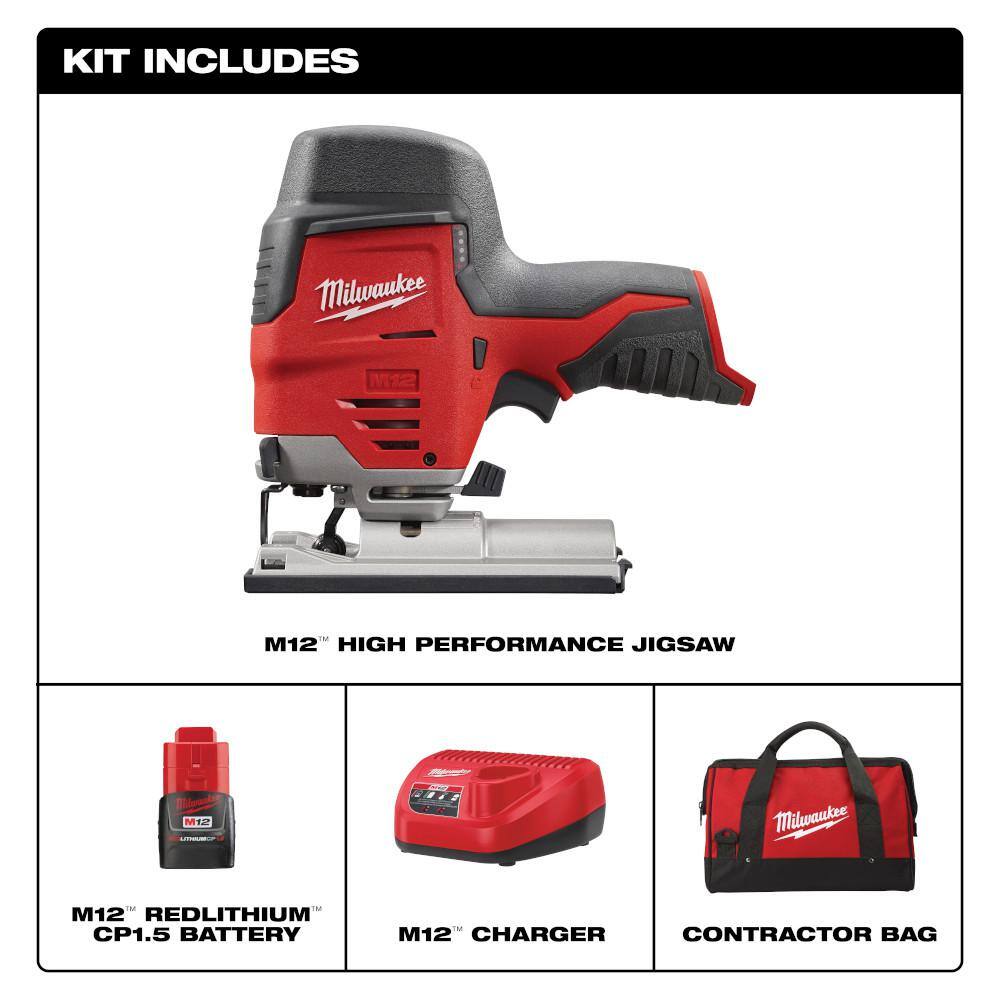 Milwaukee M12 12-Volt Lithium-Ion Cordless Jig Saw Kit with 1.5Ah Battery, Charger & Tool Bag