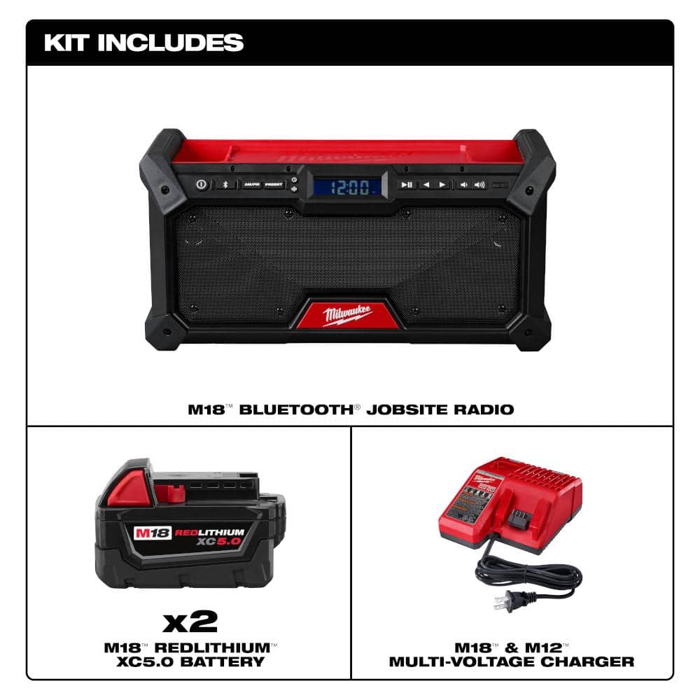 Milwaukee M18 18V Lithium‑Ion Cordless Jobsite Radio with Two 5.0Ah Batteries and Charger (Model 2952-20/48-59-1852B)