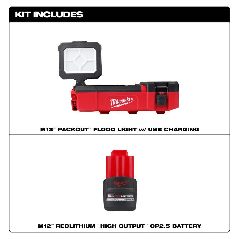 Milwaukee M12 12V Lithium-Ion Cordless PACKOUT Flood Light w/ USB Charging + High Output CP2.5 Battery