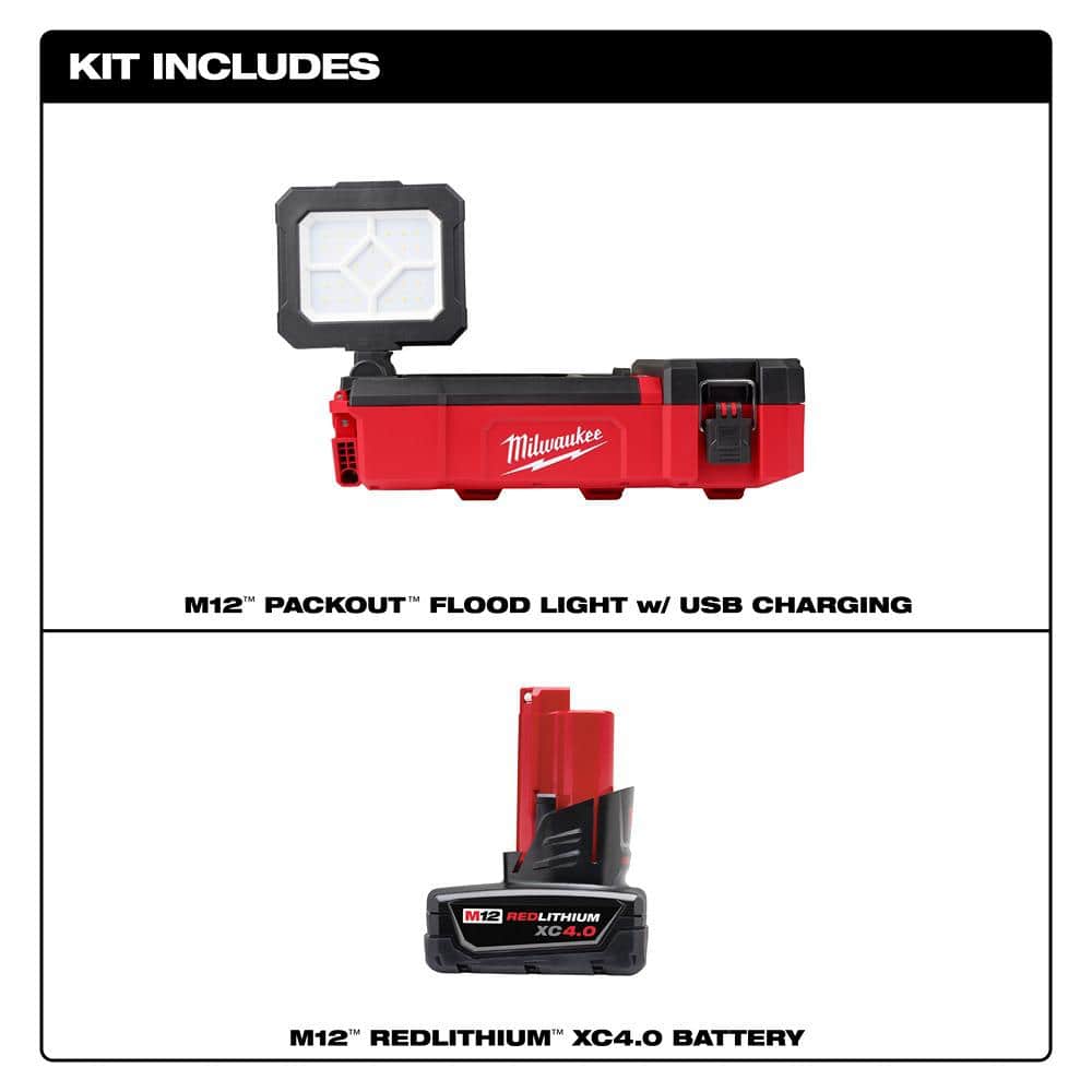 Milwaukee M12 12-Volt Lithium-Ion Cordless PACKOUT Flood Light with USB Charging and M12 4.0Ah Starter Kit