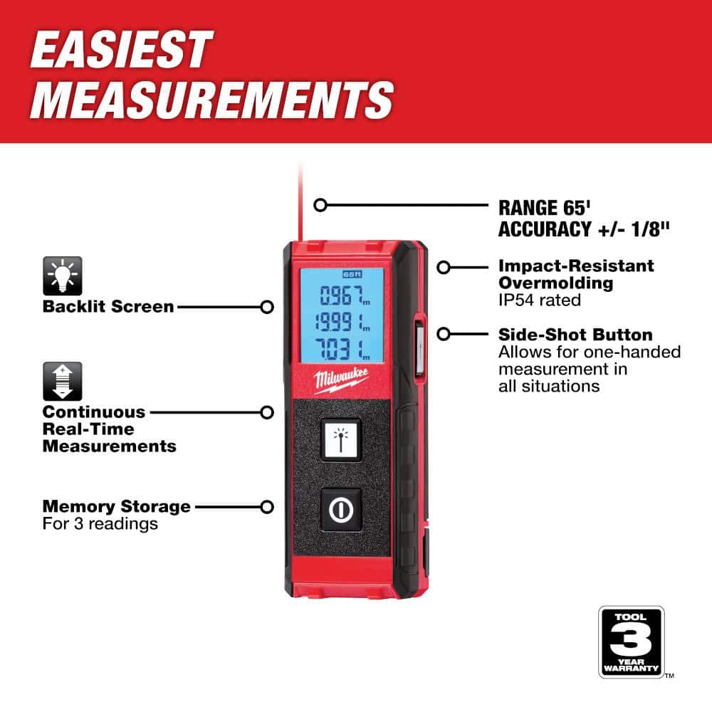 Milwaukee 65 ft. Laser Distance Meter, Model 48-22-9801
