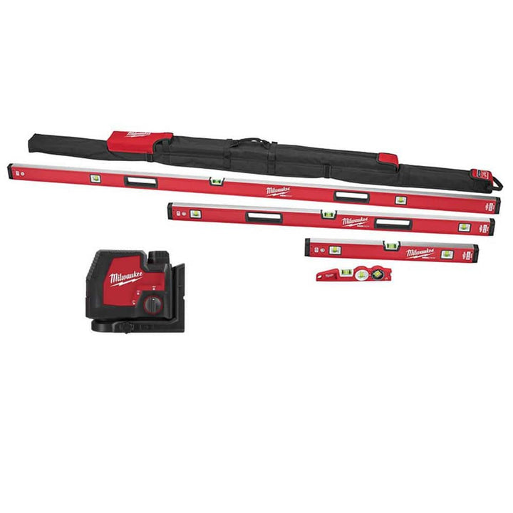 Milwaukee REDSTICK Magnetic Box Level Set with Torpedo Level and M12 12V Green 250 ft 3‑Plane Laser Level Kit (6‑Piece)