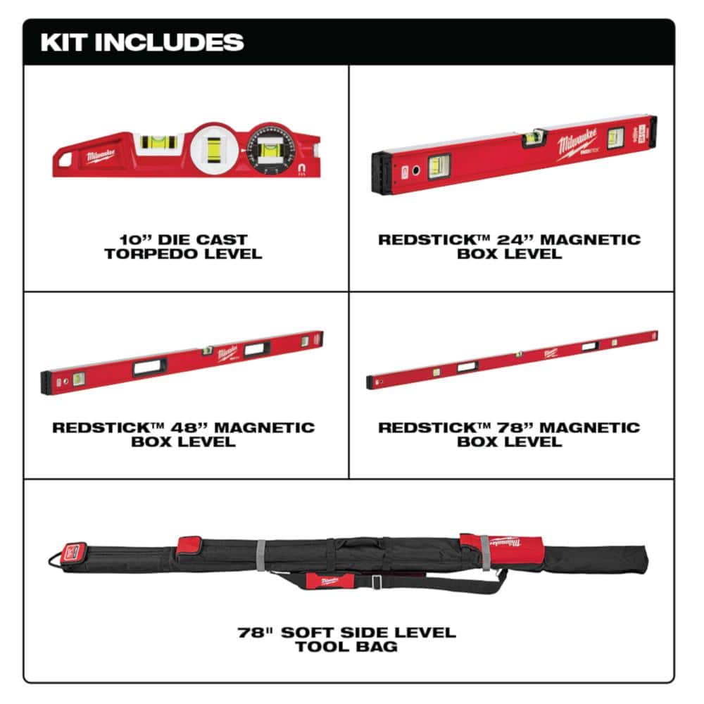 Milwaukee REDSTICK Magnetic Box Level Set with Torpedo Level and M12 12V Green 250 ft 3‑Plane Laser Level Kit (6‑Piece)