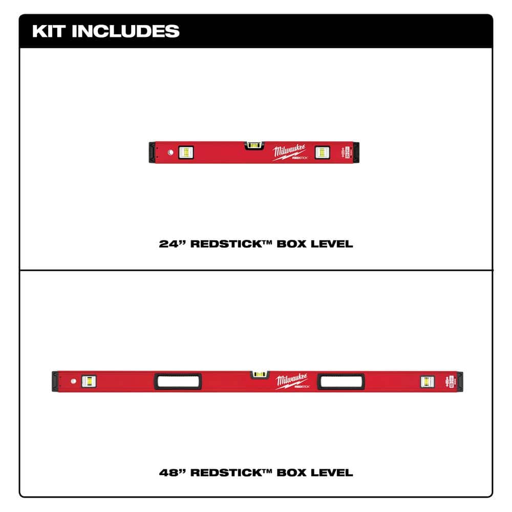 Milwaukee 24 in. and 48 in. REDSTICK Box Level Set with 10 in. 360° Locking Die-Cast Torpedo Level (3-Piece)